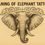 Illustrated elephant head artwork on vintage background with text "Meaning of Elephant Tattoos" representing the symbolism and cultural significance of elephant tattoos.