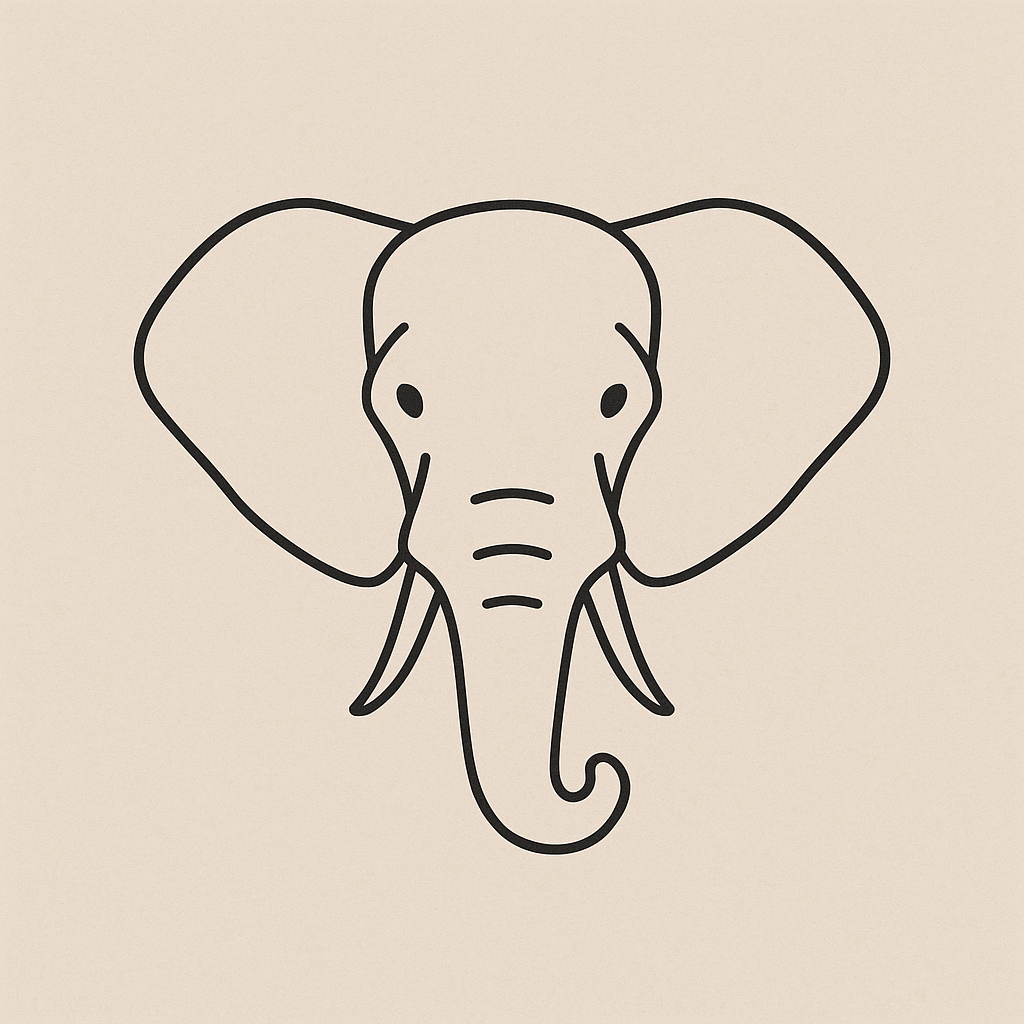 Minimalist elephant tattoo design in simple black line art, showing a clean outline of an elephant head with trunk and ears, symbolizing subtle strength and personal growth.