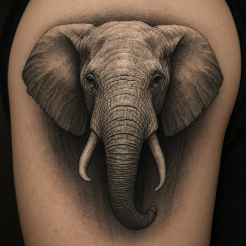 Realistic elephant tattoo in black and gray style, showing a highly detailed elephant head with tusks and textured skin, symbolizing admiration for nature and the animal kingdom.