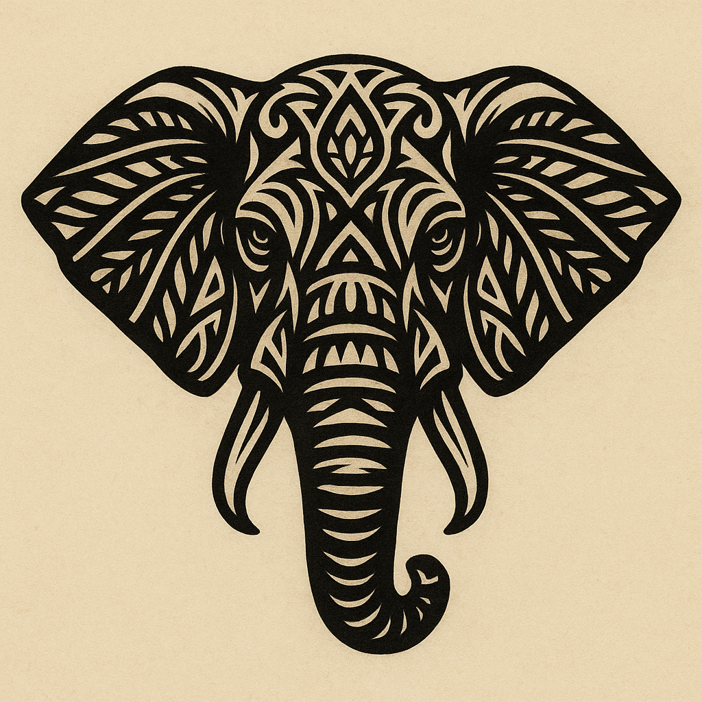 Tribal elephant tattoo design featuring a bold elephant head with symmetrical black geometric patterns, symbolizing strength, protection, and cultural identity