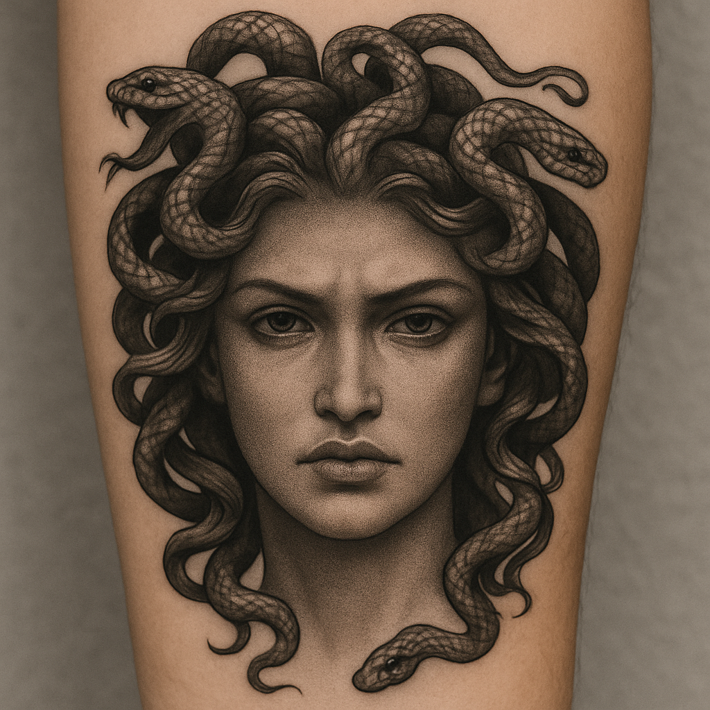 realistic black Medusa tattoo on upper arm showing mythological symbolism and fierce expression